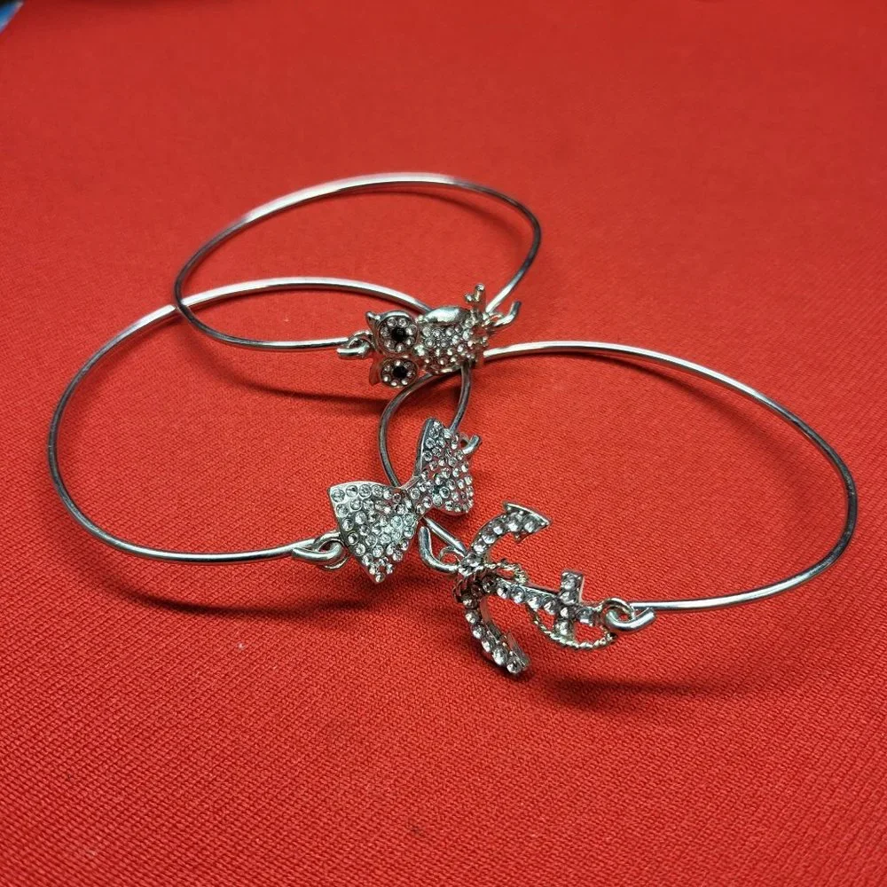 Silver Bracelet Rhinestones Anchor Ribbon Owl Set of 3